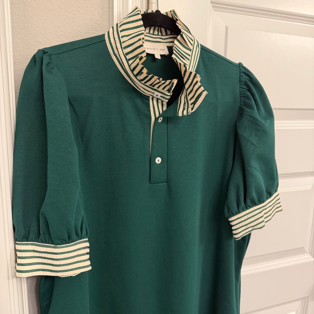 Entro Forest Green Mini Dress with Striped Collar - Picture 3 of 7